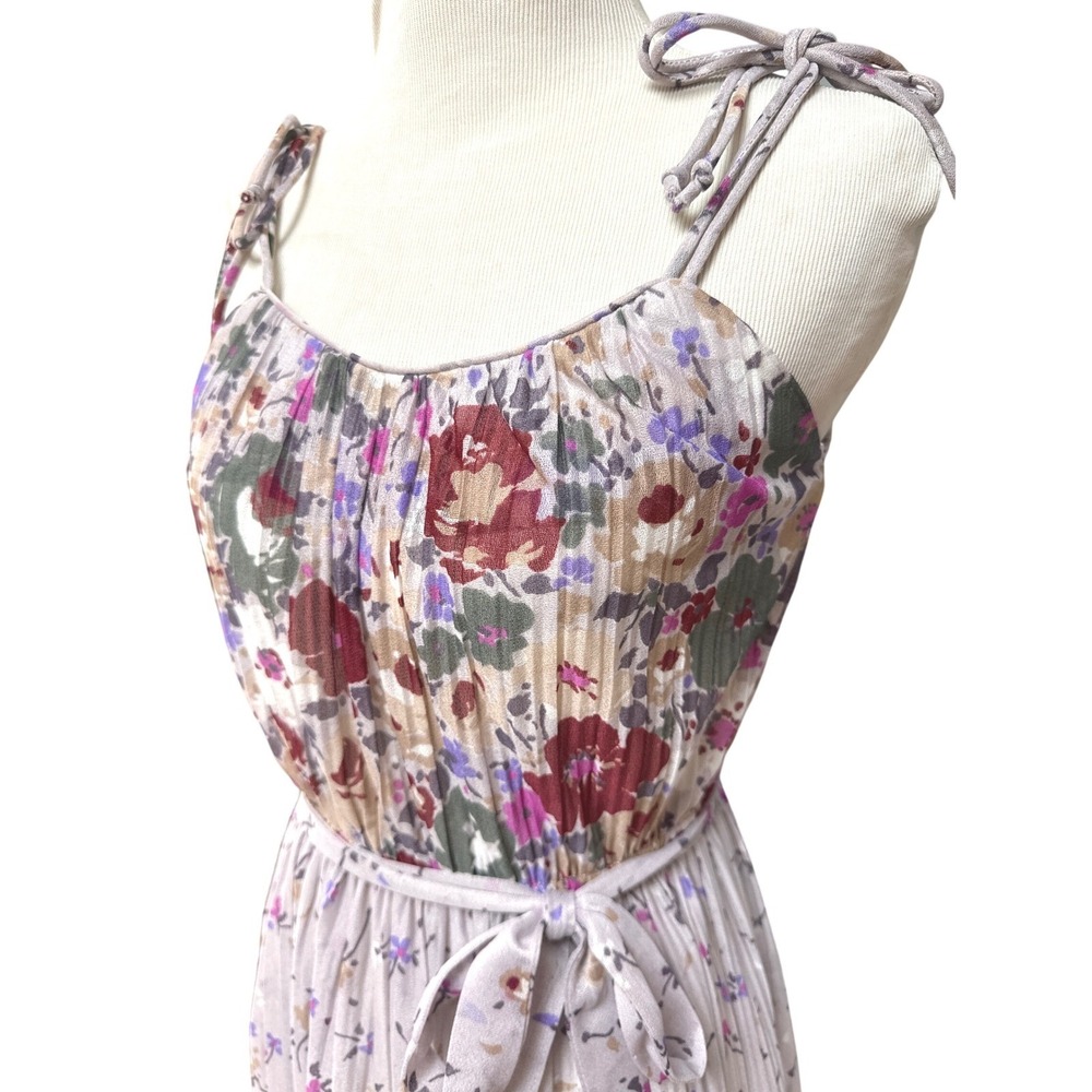 Vintage Floral Pleated Tie Strap Midi Sheer Dress Cottagecore Boho Romantic S - Picture 3 of 6